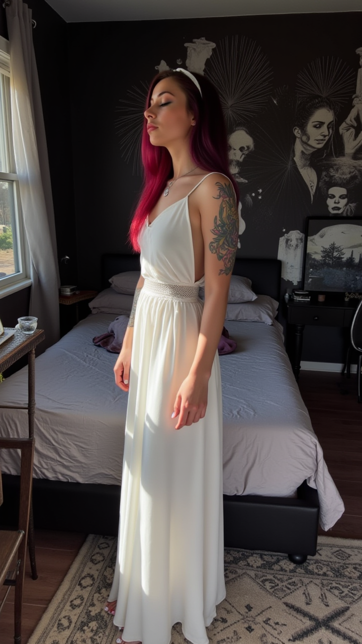 the scene is set in a cozy bedroom, with a bedside table and chairs. The goth girl, long, colorful hair, tattoo, and a slender headband adorn the walls. She stands at her feet, her eyes closed as she takes a deep breath of fresh air. Her skin is a soft brown, and she wears a flowing white dress that contrasts sharply against the dark background. The bedside decorations are intricately decorated