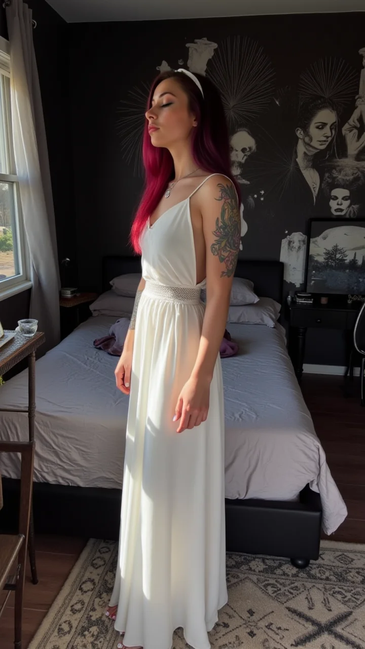 the scene is set in a cozy bedroom, with a bedside table and chairs. The goth girl, long, colorful hair, tattoo, and a slender headband adorn the walls. She stands at her feet, her eyes closed as she takes a deep breath of fresh air. Her skin is a soft brown, and she wears a flowing white dress that contrasts sharply against the dark background. The bedside decorations are intricately decorated