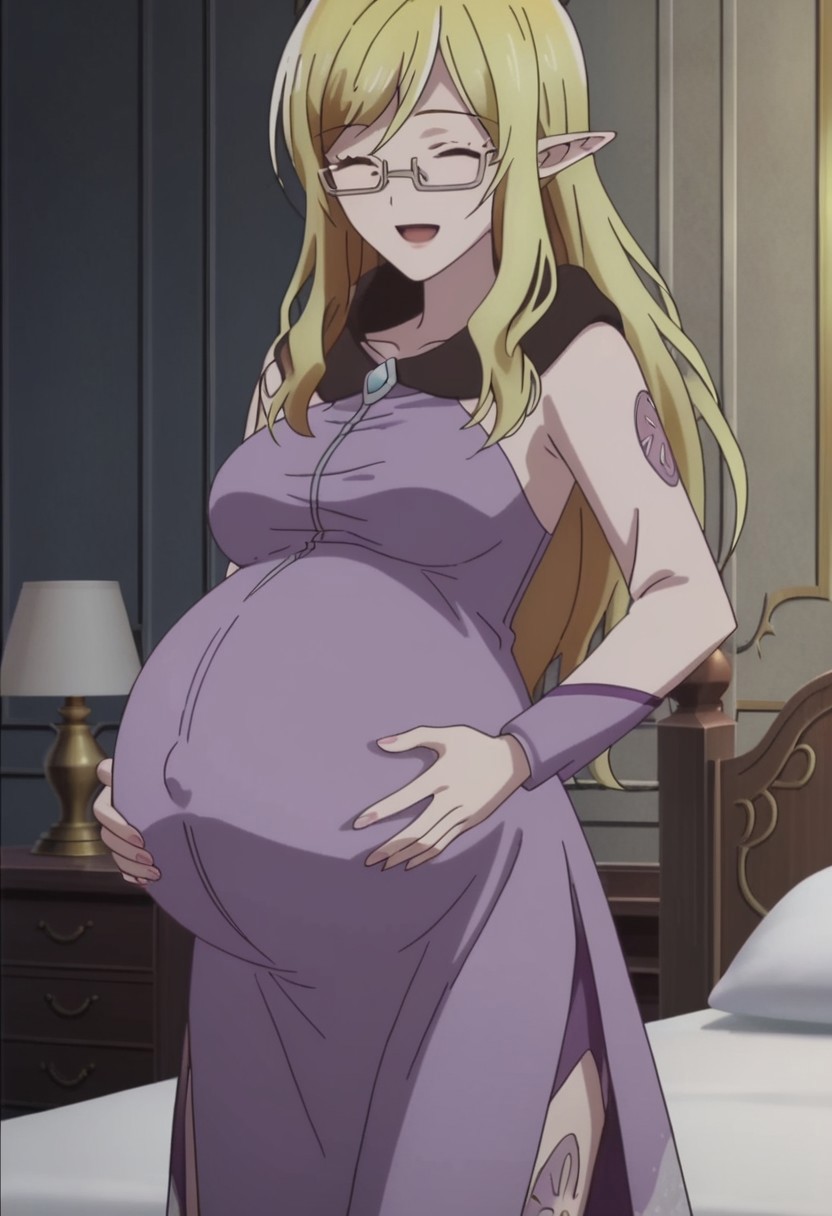 best quality, masterpiece, 4k, perfect lighting, very aesthetic, anime, anime coloring, official art, anime screencap,
bedroom, large pregnant belly, happy, smile, hand on belly,
Steina, elf, glasses,