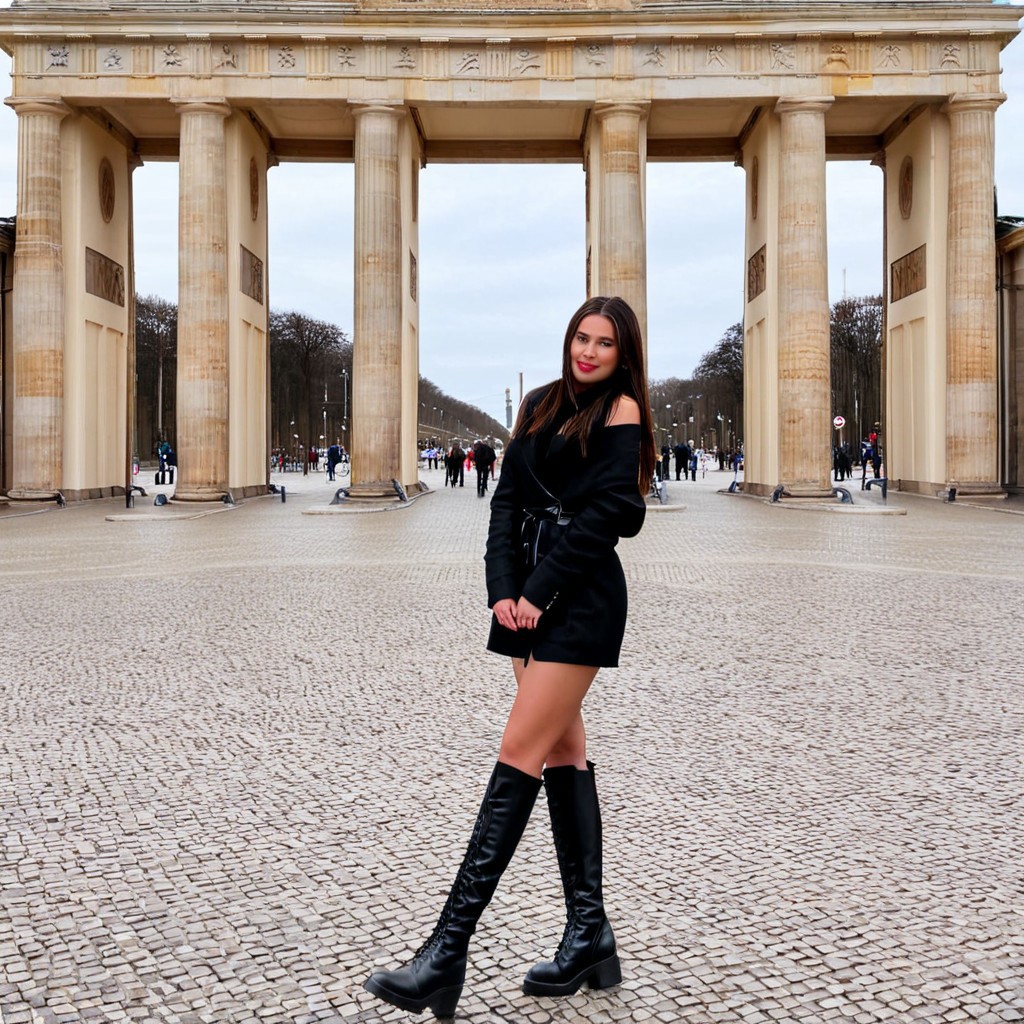 Berlin, Brandenburg Gate, historical architecture, Pariser Platz, 
six tall columns, neoclassical columns, 
real photo, realistic, photorealistic, outdoor, 
cobblestone plaza, Pariser Platz, 
woman, woman in Focus, woman standing, black boots