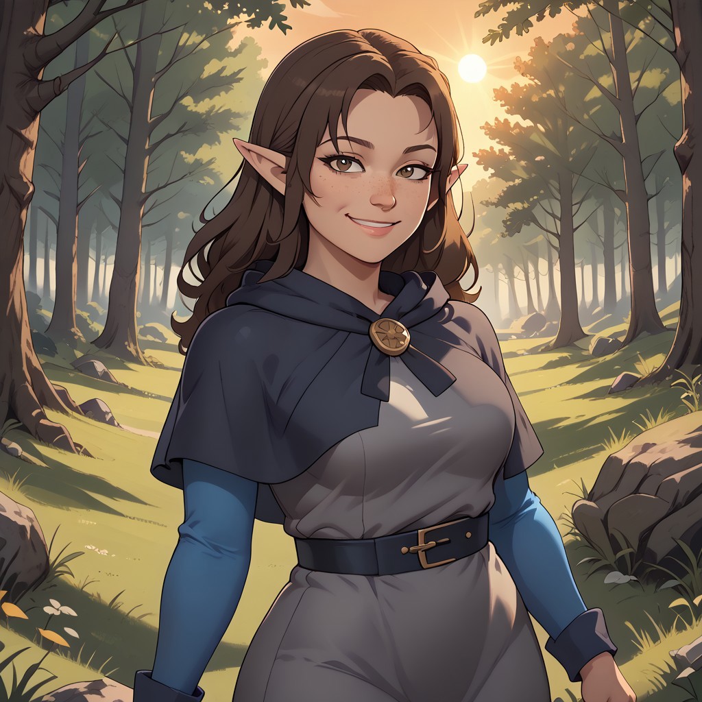 score_9, score_8, BREAK, Bo, pale cream skin, dark brown eyes, freckles, brown shoulder-length hair, pointy ears, blue sleeves, blue leggings, hexside uniform, grey tunic, hooded capelet, adult female, mature female, breasts, sexy pose, self portrait, smile, outdoors, sunlight, shadows, evening lighting, natural lighting, forest, trees, grass, orange sky, sunset