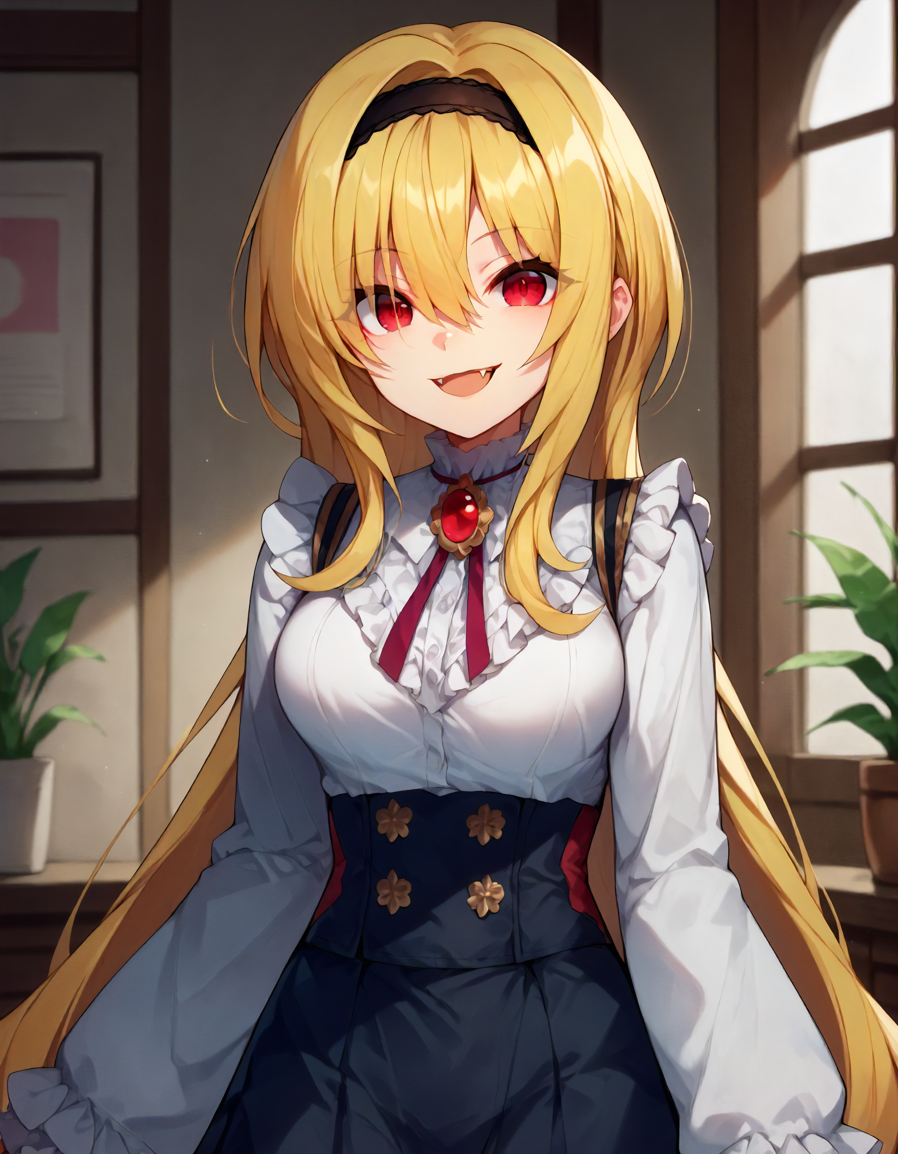 score_9, score_8_up,score_7_up,1girl,solo,cowboy shot,looking at viewer,smile,open mouth,fangs,indoors,
<lora:kurosakichitose_v2_ponyXLV6:0.8>,cgkct,blonde hair,very long hair,hair between eyes,eyes visible through hair,red eyes,
black hairband,neck ribbon,white shirt,long frilled sleeves,sleeves past wrists,brooch,black skirt