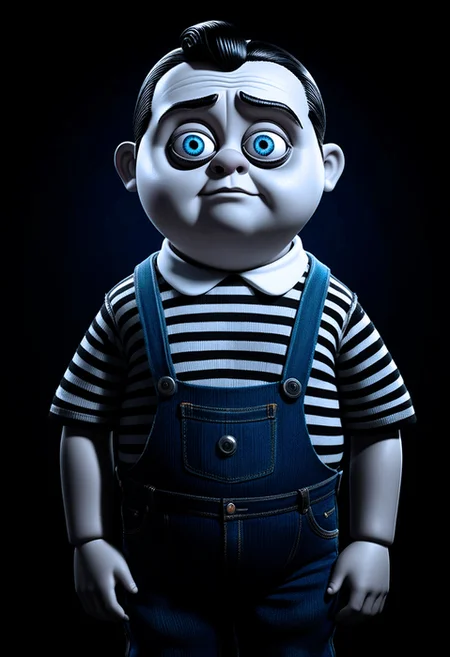 Pugsley Pubert Addams, from the Addams Family films, black and white horizontal striped t-shirt, blue jeans, dark gothic background, pixar character ,pixar style, funny creature from parallel reality, (best quality), (masterpiece), (best lighting), (high detailed skin:1.0),( detailed eyes), 8k uhd, dslr, soft lighting, best quality, film grain, Fujifilm XT3,