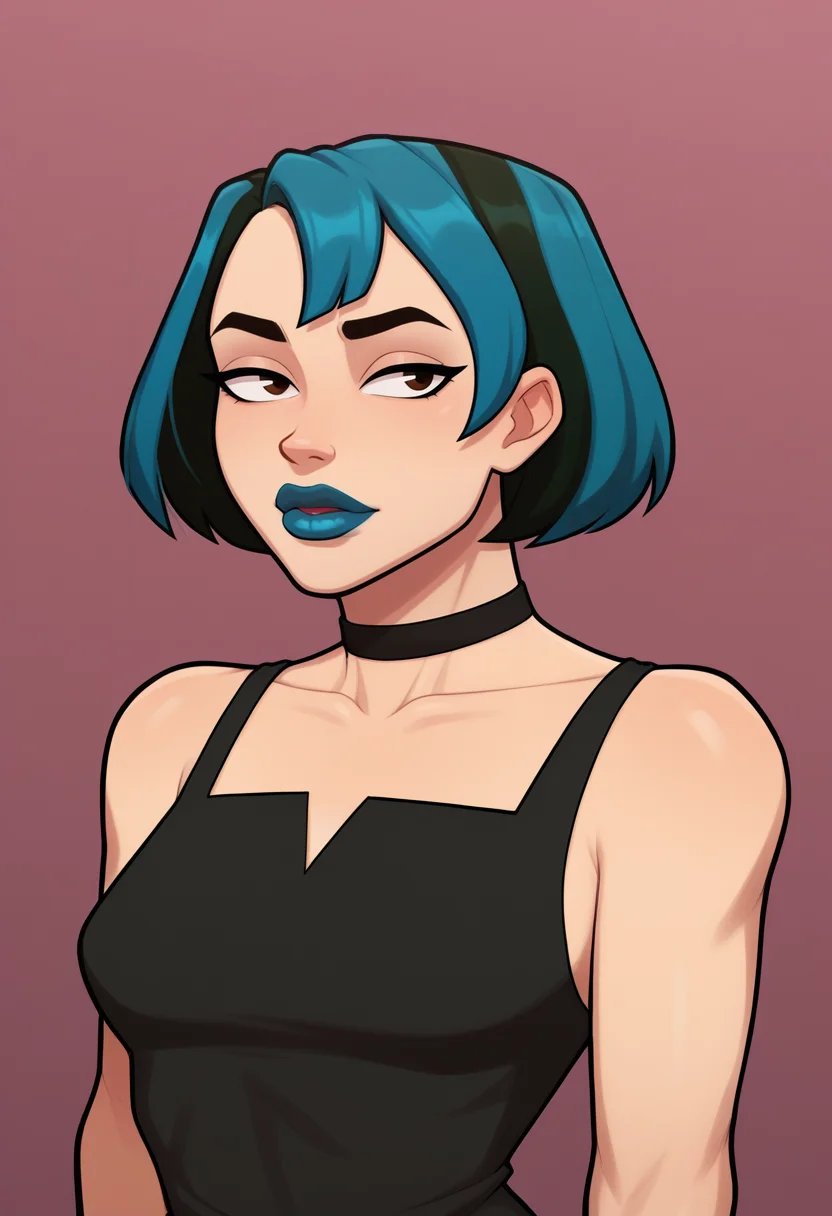 score_9, score_7_up, BREAK, <lora:mrpotatoparty-guy-PONYv1-3:1>, 1girl, solo, <lora:gwentd-guy-ponyv1:0.85> gwentd, two-tone hair, lipstick, choker, black dress, portrait, dress straps, sleeveless, bare shoulders,