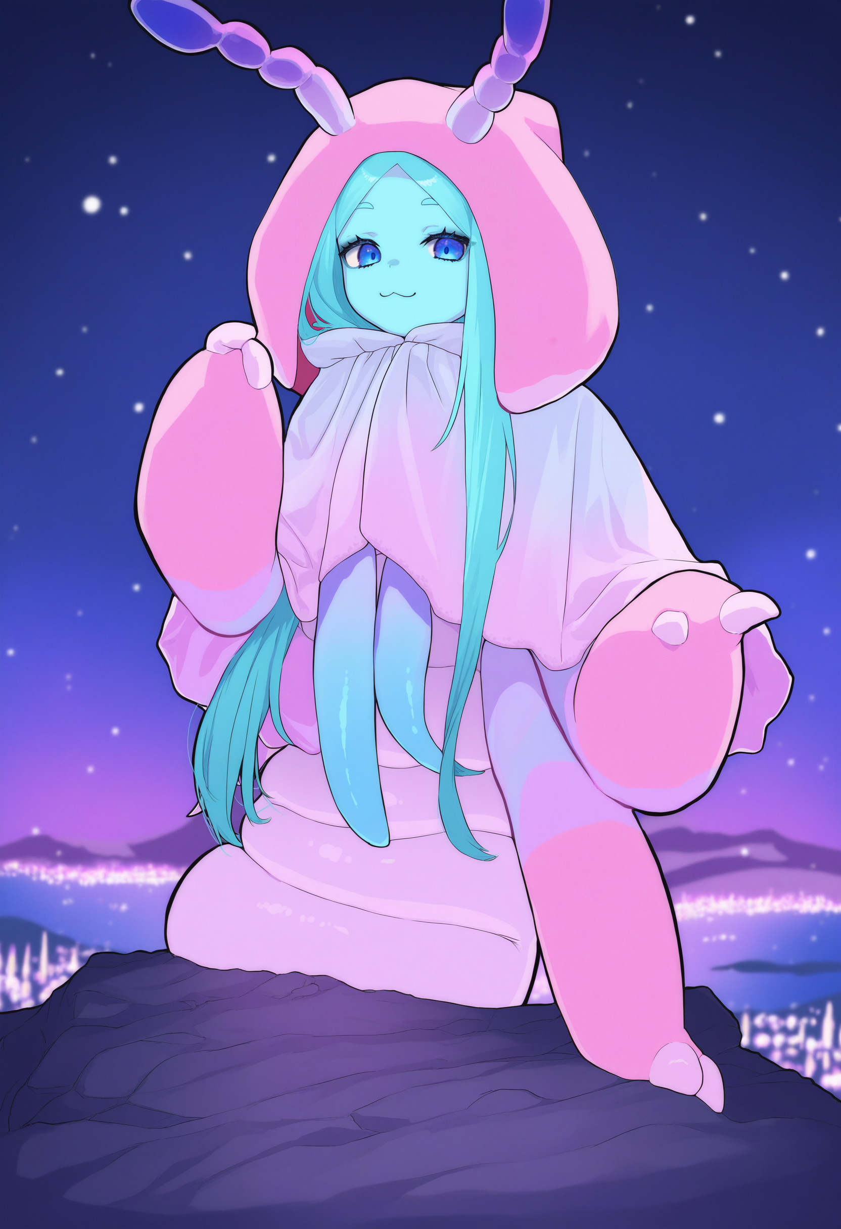 by [hoshi rousoku|ekrea jan|bell orgel],
original, 1girl, :3, antennae, aqua hair, aqua skin, blue eyes, caterpillar girl, colored skin, extra arms, looking at viewer, monster girl, parted bangs, pastel colors, pink capelet, solo, very long hair, 
night, rock, scenery, cave,
masterpiece, best quality, very awa, absurdres
<lora:noobai_epred_11_monster_girls_v1:1>