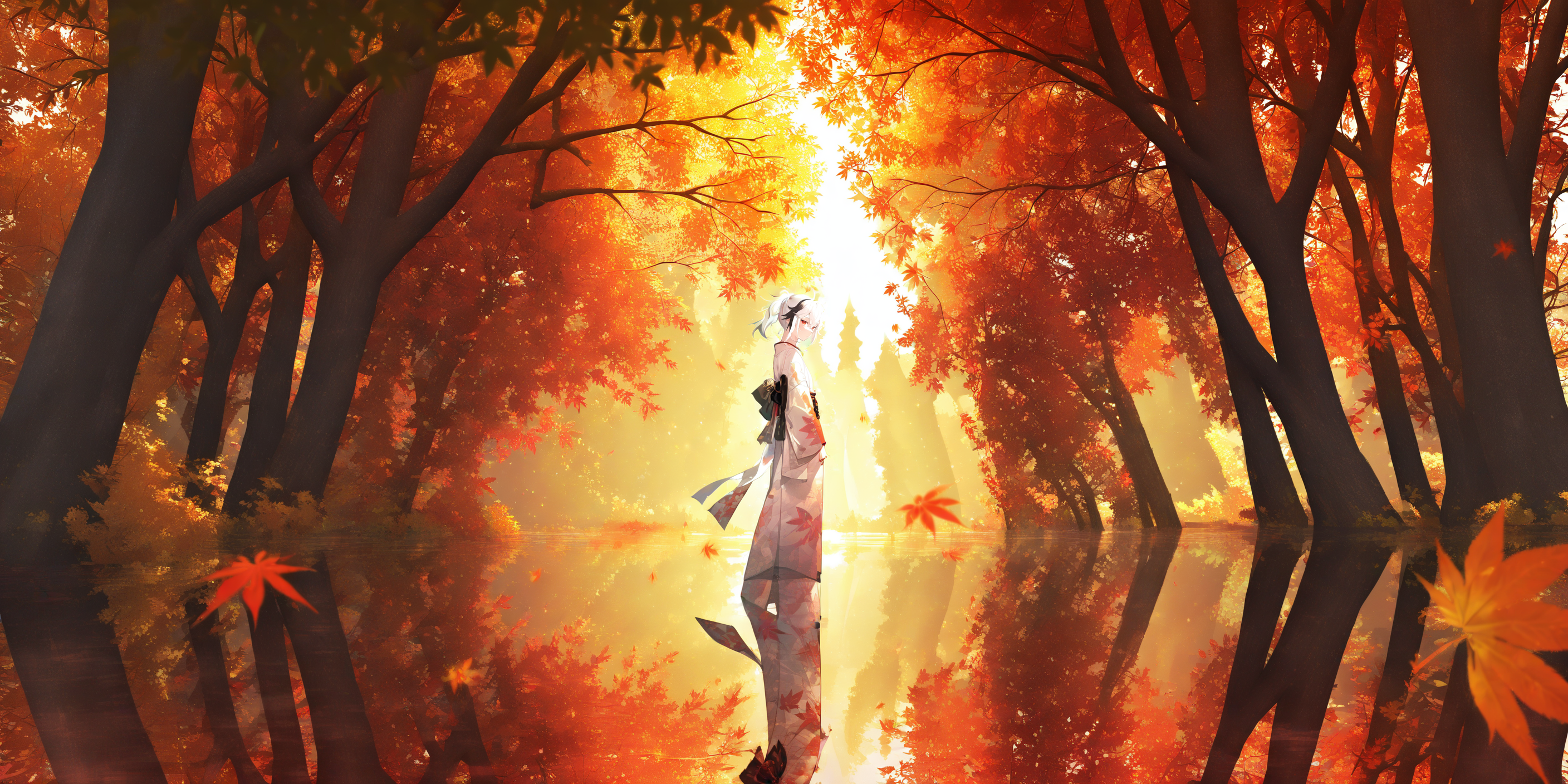 autumn leaves, tree, solo, japanese clothes, leaf, kaedehara kazuha, white hair, leaf print, maple leaf, autumn, outdoors, standing, kimono, 1boy, reflection, male focus, 1girl, bangs, falling leaves, red eyes, looking at viewer, multicolored hair <lora:lifelineXL_NB11_lokr_V6311P:0.95>