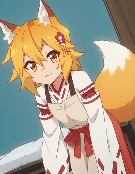 score_9, score_8_up, score_7_up, source_anime,
kitsunesenko, <lora:kitsune-senko-s1-ponyxl-lora-nochekaiser:1>,
senko, bangs, blonde hair, hair ornament, animal ears, hair between eyes, yellow eyes, flower, hair flower, animal ear fluff, fox ears, red flower, fox girl,
long sleeves, tail, japanese clothes, wide sleeves, kimono, apron, ribbon trim, hakama, hakama skirt, ribbon-trimmed sleeves, white kimono, miko, brown apron,
indoors, bent over, smile,
solo, dutch angle, looking at viewer, cowboy shot,