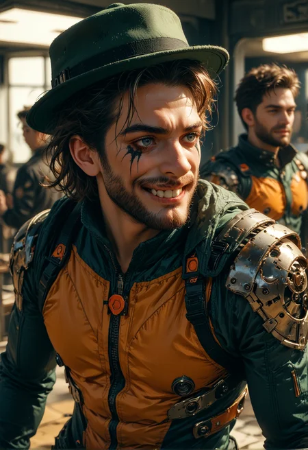 score_9,score_8_up,score_7_up,embedding:zPDXL2, film grain,Cinematic Lighting,colorful, 1boy, green_hat,mirror, from behind, from above, forced smile, mouth pull, fingersmile, makeup, clown nose, runny makeup, cyborg, bodysuit, headgear, beard, teeth,<lora:增强\(收藏)\sdxl_lightning_8step_lora.safetensors:1.0:1.0> <lora:增强\(收藏)\Midjourney mimic 2.0.safetensors:0.2:0.2> <lora:(风格)\Photo 2 Style SDXL_LoRA_Pony Diffusion V6 XL.safetensors:0.2:0.2> <lora:增强\(收藏)\Midjourney mimic 1.2.safetensors:0.6:0.6> <lora:(风格)\(收藏)\fiasco_A1.safetensors:0.6:0.6> <lora:(风格)\(收藏)\unholy-000009.safetensors:0.2:0.2> <lora:JokersForcedSmile_pdxl_Incrs_v1.safetensors:0.8:0.8>