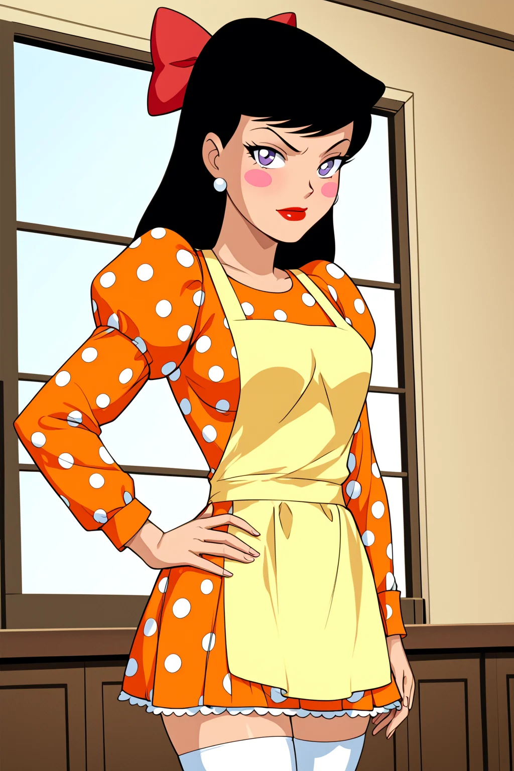 PonyXLV6_Scores BREAK <lora:add_details_xl:1> (parody, retro artstyle, perfect anatomy, perfect eyes, cowboy shot) BREAK <lora:Lois_Lane:0.8> lois lane, long hair, black hair, purple eyes, red lips, raised eyebrow, angry, ((looking at viewer)), hair bow, red bow, bow, blush stickers, makeup, polka dot, polka dot dress, orange dress, yellow apron, long sleeves, puffy sleeves, jewelry, earrings, skirt, thighhighs, medium breasts, curvy, toned, athletic, standing, hands on hip, indoors