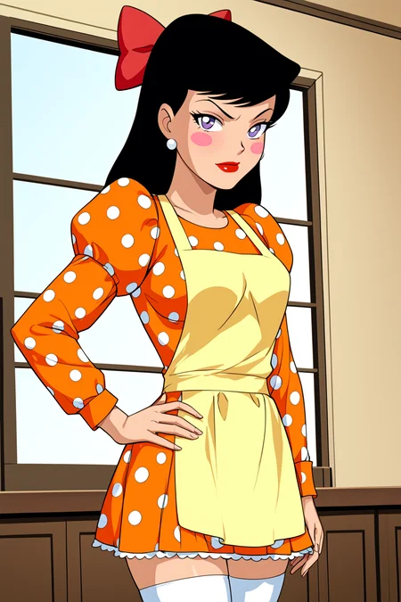 PonyXLV6_Scores BREAK <lora:add_details_xl:1> (parody, retro artstyle, perfect anatomy, perfect eyes, cowboy shot) BREAK <lora:Lois_Lane:0.8> lois lane, long hair, black hair, purple eyes, red lips, raised eyebrow, angry, ((looking at viewer)), hair bow, red bow, bow, blush stickers, makeup, polka dot, polka dot dress, orange dress, yellow apron, long sleeves, puffy sleeves, jewelry, earrings, skirt, thighhighs, medium breasts, curvy, toned, athletic, standing, hands on hip, indoors