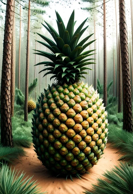 a giant pineapple in the middle of the forest, pines and needles, made of trees, cinematic and surreal, storybook surrealism