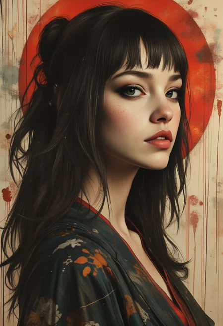 OBxiaoxiang, Inkplash art on rice paper, sepia, henna and carmine , Silhouette Art, magnificent, dark background, inksplash portrait of stunning japanese woman, long hair, bangs, seductive, sultry, lustful, red lips, direct gaze, light hitting one side of face, inksplash gradient colour background