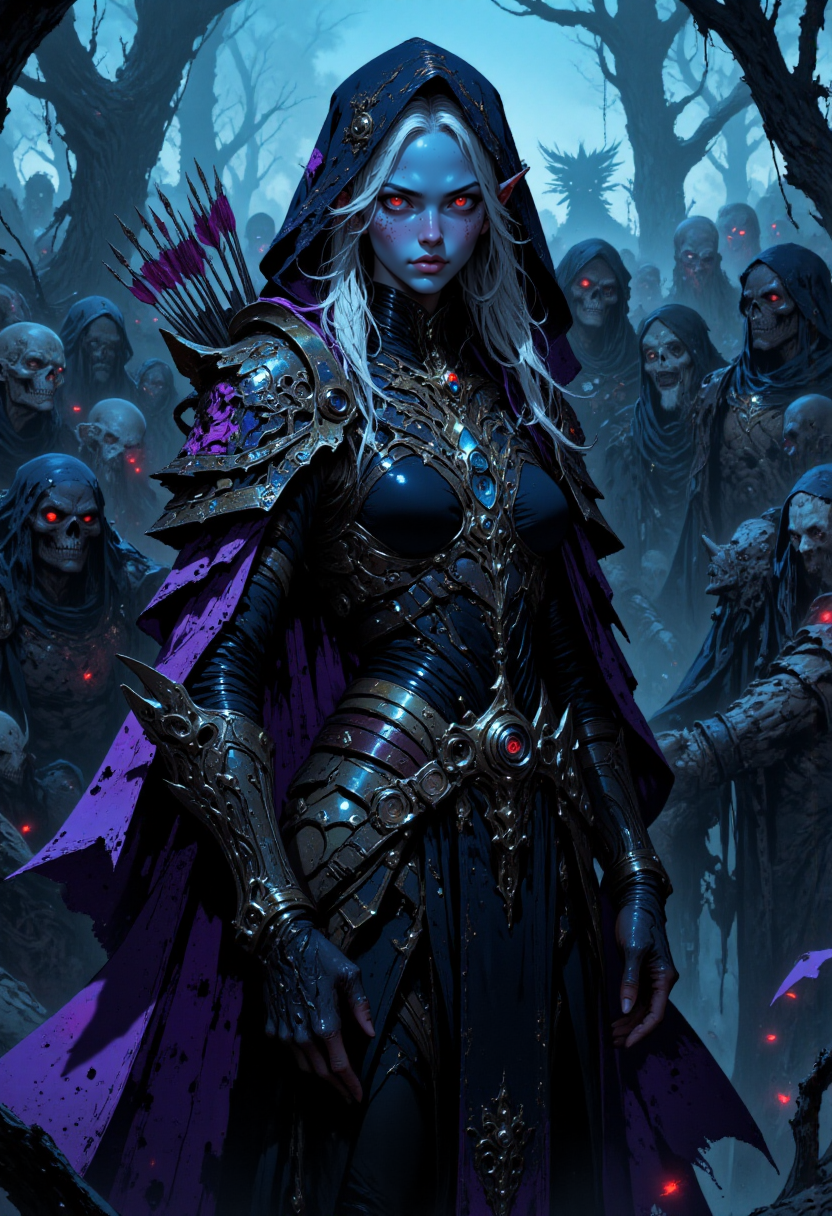 cinematic photo. female elf character with pale blue skin and glowing red eyes. She wears a dark, hooded cloak and intricate cropped armor with purple and silver accents over her long hair. Her expression is stern and focused. She carries a quiver of arrows on her back. in a dark graveyard, set against a misty, blue-toned background. The scene conveys a dark, ominous atmosphere, with the central character appearing as a commanding presence among the horde. 35mm photograph, film, bokeh, professional, 4k, highly detailed
<lora:Anime v1.3:0.6> <lora:VividlySurreal:0.6> <lora:FLUX-daubrez-DB4RZ-v2:0.4>  <lora:FluxMythP0rtr4itStyle:0.6>