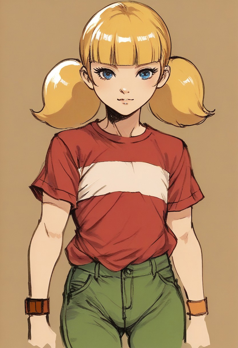 score_9, score_8_up, score_7_up, solo, cowboy shot, 1girl, female focus,  2D, penny \(inspector gadget\), solo,blonde hair, twintails, blunt bangs, blue eyes, flat chest, red shirt, red shirt, striped shirt, stripe, white stripe, green pants, wristwatch, upper body, sketch, yoji_shinkawa, Traditional media
