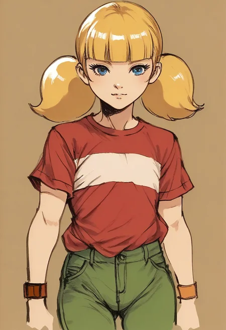 score_9, score_8_up, score_7_up, solo, cowboy shot, 1girl, female focus, 2D, penny \(inspector gadget\), solo,blonde hair, twintails, blunt bangs, blue eyes, flat chest, red shirt, red shirt, striped shirt, stripe, white stripe, green pants, wristwatch, upper body, sketch, yoji_shinkawa, Traditional media