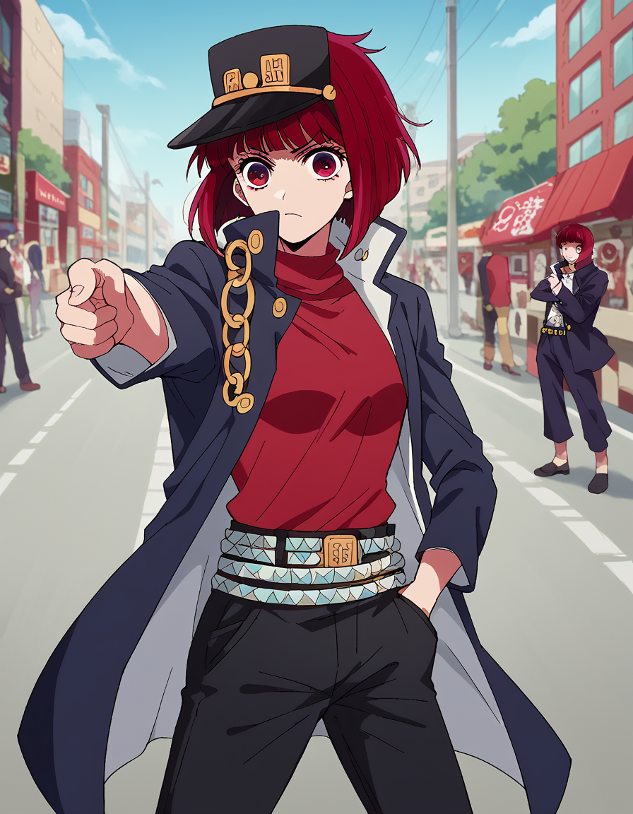 score_9, score_8_up, score_7_up, source_anime, kanaarima, <lora:kana-arima-s1-ponyxl-lora-nochekaiser:1>, kana arima, short hair, bangs, red eyes, red hair, bob cut,, <lora:kujo-jotaro-cosplay-ponyxl-lora-nochekaiser:1>, kujo jotaro cosplay, kujo jotaro (cosplay), gakuran, cosplay, belt, black headwear, black jacket, black pants, high collar, multiple belts, pants, shirt,, street, jojo pose, pointing, hand in pocket, cowboy shot, looking at viewer,