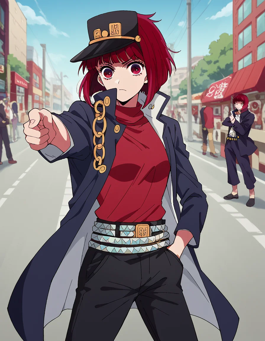 score_9, score_8_up, score_7_up, source_anime, kanaarima, <lora:kana-arima-s1-ponyxl-lora-nochekaiser:1>, kana arima, short hair, bangs, red eyes, red hair, bob cut,, <lora:kujo-jotaro-cosplay-ponyxl-lora-nochekaiser:1>, kujo jotaro cosplay, kujo jotaro (cosplay), gakuran, cosplay, belt, black headwear, black jacket, black pants, high collar, multiple belts, pants, shirt,, street, jojo pose, pointing, hand in pocket, cowboy shot, looking at viewer,
