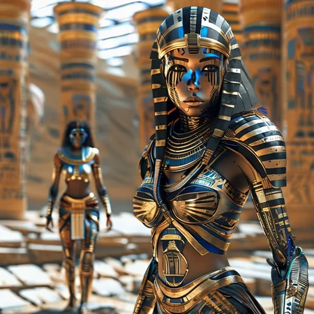 pharaotech warrior cyborg girl in the background powerful Egyptian robots, very detailed, expressive, cinematic<lora:pharaotech:1>