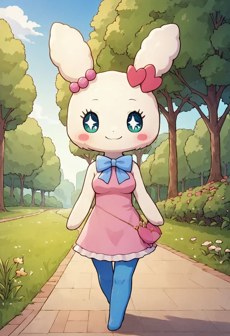 score_9, score_8, score_7_up, score_6_up, source_furry, source_anime, Tamagotchi, Lovelitchi, ear beads, solo, white fur, pink dress, blue bow, anthro, breasts, blue pantyhose, walking in the park, nature, grass, walking, blush, sparkling eyes, no nose, solo, thighs, detailed, tree, blue sky, park, flowers, cowboy shot, happy, masterpiece, angled, three quarter view, closed mouth