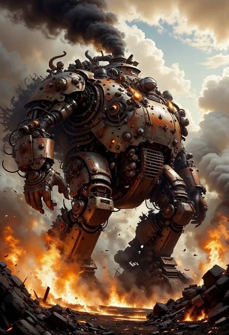 A massive mechanized behemoth, a walking fortress of rusted scrap metal and industrial plating, towering over the scorched wasteland, thick black smoke billowing from its rusted chimneys, gears grinding as it moves, massive piston-driven legs crushing the cracked earth beneath, exposed steam pipes releasing bursts of scalding vapor, flickering orange lights embedded in its heavily armored hull, countless weapons and turrets mounted on its surface, banners of forgotten factions fluttering in the toxic wind, a hellish sky of dust and fire looming above, cinematic lighting, highly detailed and atmospheric.