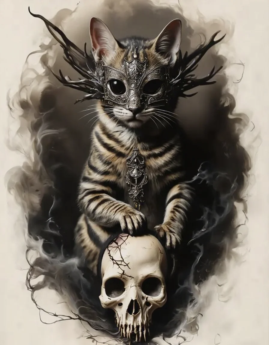 An ultra-realistic portrait of a tabby cat wearing an intricately designed gothic mask, standing dominantly with one paw placed on a cracked skull. The cat's fur is highly detailed, with vibrant tabby stripes softly illuminated by a cold, dim light coming from the right, contrasting with a very dark, warm light glowing faintly from the left. The gothic mask features ornate, dark metallic patterns and a slightly menacing aesthetic, adding an air of mystery and power to the cat's presence. The cracked skull beneath the cat's paw is weathered and aged, with fine fractures running across its surface, creating a chilling focal point. The background is smoky and dark, filled with swirling black mist that adds depth and a sense of eerie atmosphere. The lighting interplay highlights the textures of the mask, the catâs fur, and the skull, emphasizing a dramatic and gothic mood. The overall scene is haunting yet captivating, blending realism with a dark, mystical aesthetic, <lora:FluxDFaeTasticDetails:0.8>, <lora:aidmaImageUpraderv0.3:0.4> aidmaimageupgrader, <lora:victoriangothic_v50_rank64_bf16:1> vicgoth