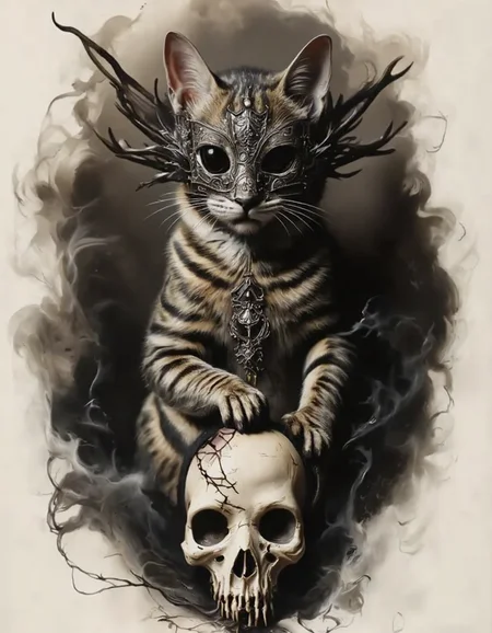 An ultra-realistic portrait of a tabby cat wearing an intricately designed gothic mask, standing dominantly with one paw placed on a cracked skull. The cat's fur is highly detailed, with vibrant tabby stripes softly illuminated by a cold, dim light coming from the right, contrasting with a very dark, warm light glowing faintly from the left. The gothic mask features ornate, dark metallic patterns and a slightly menacing aesthetic, adding an air of mystery and power to the cat's presence. The cracked skull beneath the cat's paw is weathered and aged, with fine fractures running across its surface, creating a chilling focal point. The background is smoky and dark, filled with swirling black mist that adds depth and a sense of eerie atmosphere. The lighting interplay highlights the textures of the mask, the catâs fur, and the skull, emphasizing a dramatic and gothic mood. The overall scene is haunting yet captivating, blending realism with a dark, mystical aesthetic, <lora:FluxDFaeTasticDetails:0.8>, <lora:aidmaImageUpraderv0.3:0.4> aidmaimageupgrader, <lora:victoriangothic_v50_rank64_bf16:1> vicgoth