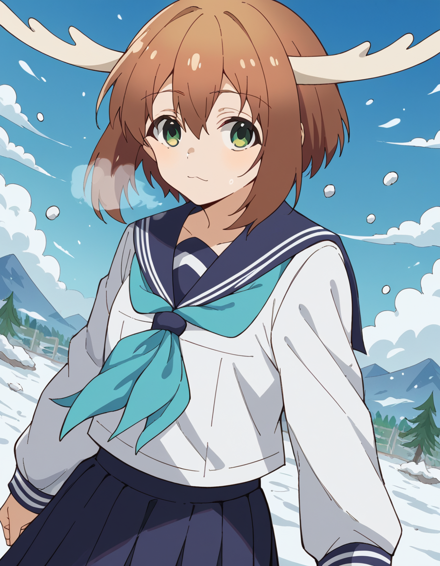 score_9, score_8_up, score_7_up, source_anime, <lora:noko-shikanoko-s1-v2-ponyxl-lora-nochekaiser:1>, noko shikanoko, short hair, bangs, brown hair, hair between eyes, green eyes, horns,, skirt, shirt, long sleeves, school uniform, white shirt, pleated skirt, serafuku, sailor collar, blue skirt, neckerchief, blue sailor collar,, snow day, winter clothes, snowball fight, laughter, cold breath, white landscape, , looking at viewer, undefined, solo,, cowboy shot, dutch angle