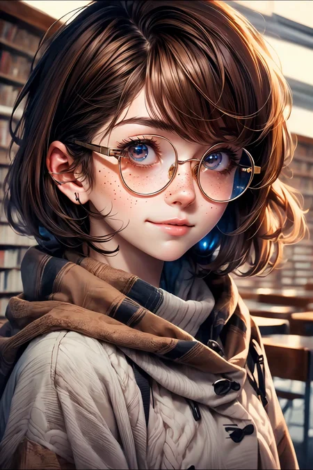 closeup, face, portrait, upper body,
freckles,
shy, blush,
(short brown hair:1.1),
(library:1.1),
(round glasses:1.2),
(brown eyes:1.4),
cozy, detailed eyes, winter sweater,
<lora:more_details:0.4>
<lora:Cosmic anime-oil fusion v2:0.45>
<lora:AnimeVibesV3:0.55> animevibes,
<lora:3DMM_V11:0.4> 3DMM
<lora:midjourney_20230624181825:0.65> midjourney, shiny, shiny hair, shiny skin, shiny clothes