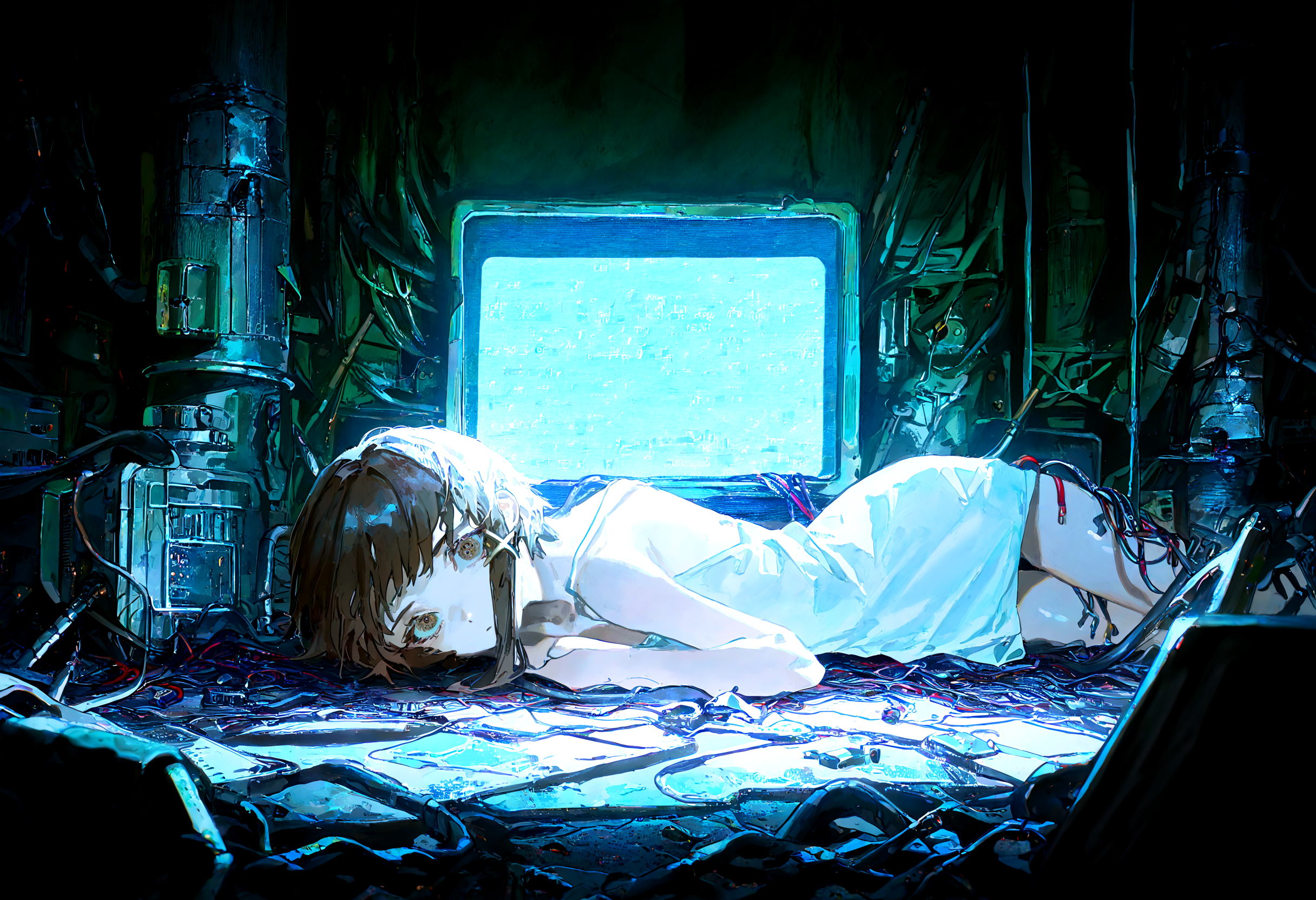 masterpiece, best quality, amazing quality, very aesthetic, absurdres,  newest,
1girl, iwakura lain,  solo,  thigh_gap,  white camisole , dark_background, cable, looking_at_viewer ,pile , spaghetti_strap , utility_pole,wire, monitor,entangled,
yoneyama mai,quasarcake:0.7, rolua, negative space, cinematic shot, very awa, science fiction,matrix, code, digital,computer, glitch, covered  in wire, green background, all four, on stomach, 
<lora:cfg_scale_boost:0.7>, <lora:illustrious_noobai_epsilon_pred_11_very_aesthetic_v1:0.6>, <lora:illustrious_noobai_epsilon_pred_1_masterpieces_v1:0.6>, <lora:illustrious_noobai_epsilon_pred_1_best_quality_v1:0.6>, <lora:Lain_PonyXLv3:0.7>, <lora:Code__Digital_World_Morph_v2_PONY_XL_by_UOC:0.7>, <lora:USNR STYLE_XL_loha:0.7>