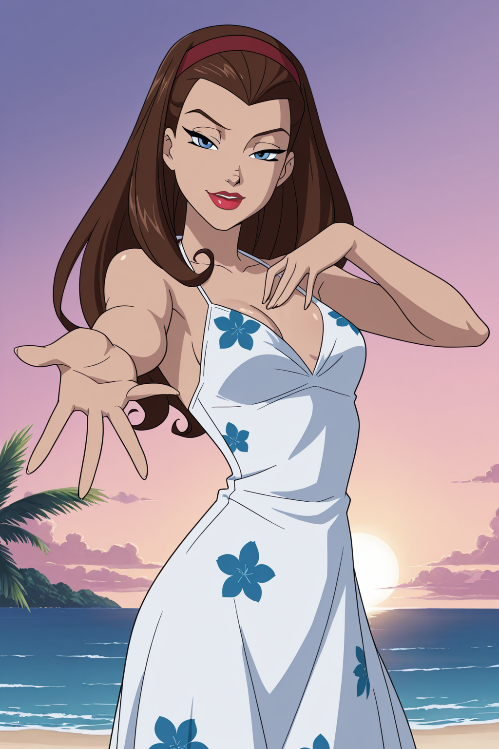 (((parody, animification, anime coloring)), perfect anatomy, perfect eyes, cowboy shot) BREAK  <lora:ScarletWitchIL:1> wanda, long hair, brown hair, blue eyes, lipstick, red lips, sultry eyes, naughty face, half-closed eyes, flirty, ((looking at viewer)), hairband, silk, floral pattern, sun dress, sultry pose, teasing viewer, modeling pose, arched back, sticking chest out, outstretched hand, exotic beach, outdoors