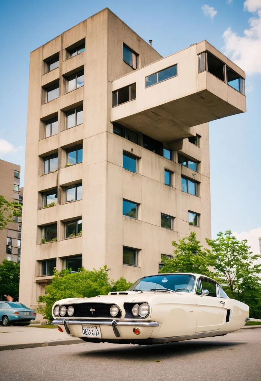 (low angle shot:1.4), an editorial photo of a 1960s (Mustang:0.6) and (Porsche:0.8) style Hovering_Car parked in front of a Brutalist style building like Habitat 67 in Montreal, highly detailed, retro futurism, clean lines, fine art photography, award winning photography, film grain,