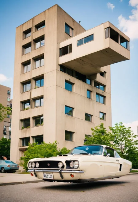 (low angle shot:1.4), an editorial photo of a 1960s (Mustang:0.6) and (Porsche:0.8) style Hovering_Car parked in front of a Brutalist style building like Habitat 67 in Montreal, highly detailed, retro futurism, clean lines, fine art photography, award winning photography, film grain,