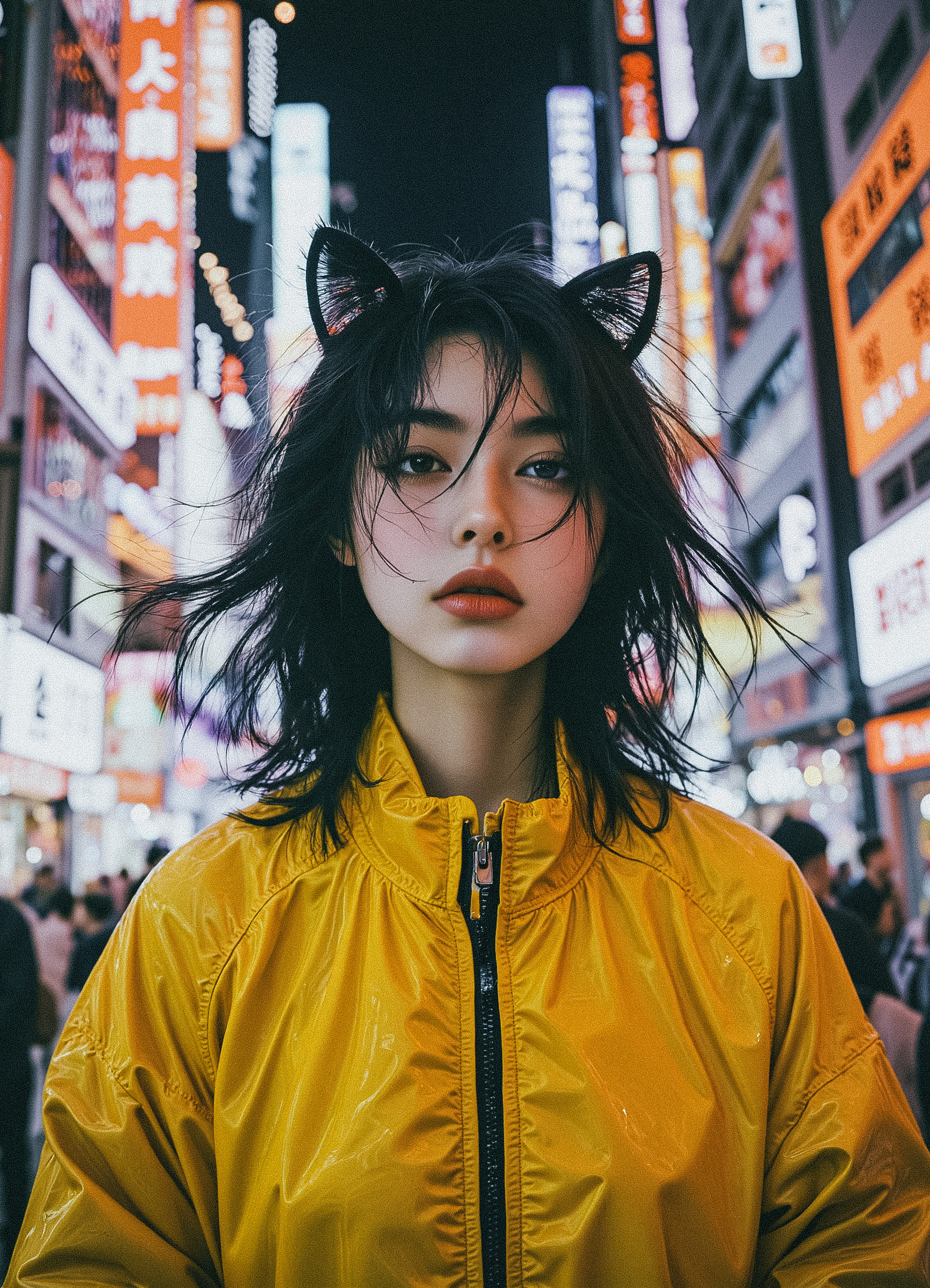 Neo Photorealistic Art Style, A girl with cat ears and flowing unkempt black hair wears a sleek yellow-green windbreaker jacket. She radiates cutting-edge futurism, set in a surreal, intricate futuristic background. Surrounded by countless glowing tube lights, she exudes avant-garde sophistication amidst a complex, luminous backdrop. Noir. Night.
