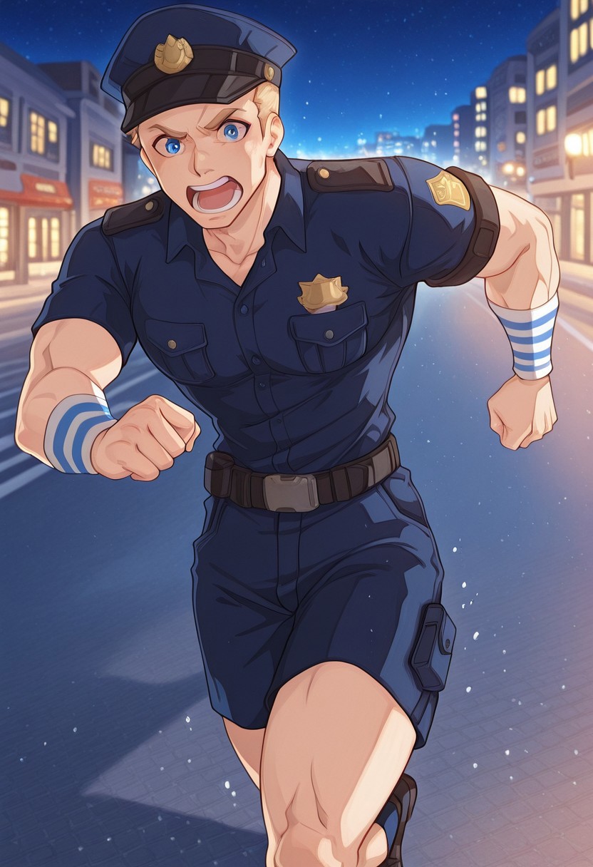 2d, anime, anime face, anime screencap, source_anime, fanart, animification, soldier: 76 \(overwatch\), 1boy, jackm, very short blonde hair, sideburns, blue eyes, detailed eyes, white pupils, bright pupils, bara, himbofication, muscular, broad shoulders, large pectorals, narrow waist, small waist, wide hips, thick thighs, curvy body, dark blue buttoned shirt, dark blue shorts, police uniforms, short sleeves, military hat, white and blue striped wristbands, running, on the sidewalk, afraid, sprinting, night, city, scenery, best quality, absurdres, newest, perfect quality, detailed background, intricate details
