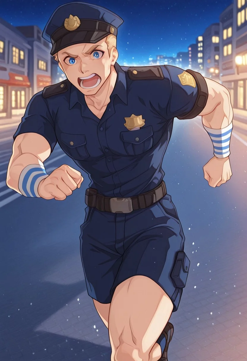 2d, anime, anime face, anime screencap, source_anime, fanart, animification, soldier: 76 \(overwatch\), 1boy, jackm, very short blonde hair, sideburns, blue eyes, detailed eyes, white pupils, bright pupils, bara, himbofication, muscular, broad shoulders, large pectorals, narrow waist, small waist, wide hips, thick thighs, curvy body, dark blue buttoned shirt, dark blue shorts, police uniforms, short sleeves, military hat, white and blue striped wristbands, running, on the sidewalk, afraid, sprinting, night, city, scenery, best quality, absurdres, newest, perfect quality, detailed background, intricate details