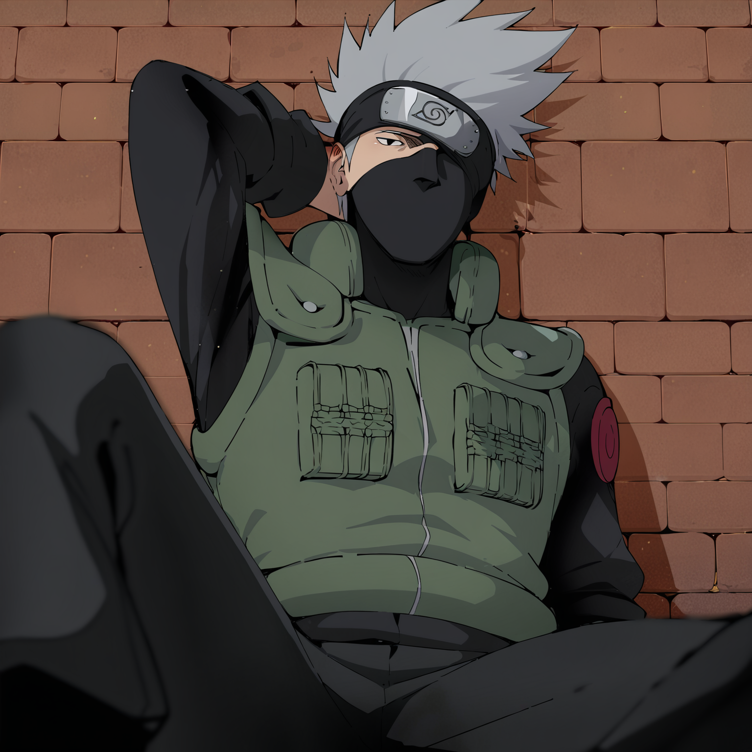 alterinku, score_9, score_8_up, score_7_up, score_6_up, score_5_up, score_4_up, 1boy, solo, kakashi sitting on a brick wall, wearing an open green flak jacket, black pants with red swirl, black ninja mask, black forehead protector covering his left eye, black pants. he has grey hair, black eyes, his left knee up, his left arm behind his head. he is looking at the viewer  <lora:alterinku_53_sdxl:1>