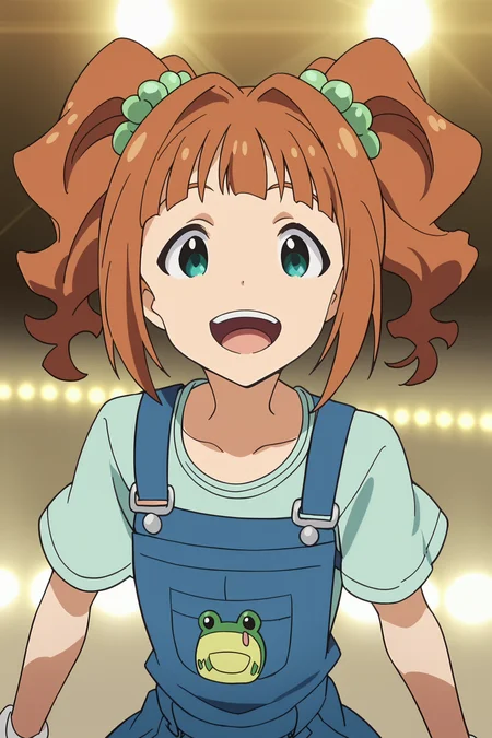 score_9, score_8_up, score_7_up, anime screencap,
on an idol stage, spotlight,
 <lora:Yayoi_Takatsuki:1>1girl, solo, Yayoi Takatsuki, brown hair, twintails, green eyes, hair ornament, frog,
happy girl, expressive eyes, looking at the viewer, (mouth open:1.5), overalls, cowboy shot