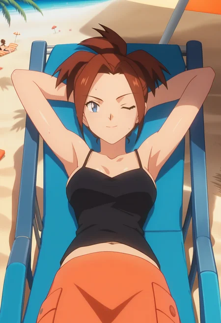 score_9, score_8_up, score_7_up, score_6_up, anime screencap, anime coloring, <lora:PMCissy_epoch_10:0.9>, PMCissy, 1girl, solo, brown hair, short hair, folded ponytail, blue eyes, breasts,
black camisole, orange skirt, long skirt, skirt,
barefoot, shiny skin, sweat, 
looking at viewer, lying, lounge chair, leaning back, arms behind head, seductive smile, one eye closed, parasol, shadow, 
BREAK beach, sunlight, light rays, cityscape, palm tree,