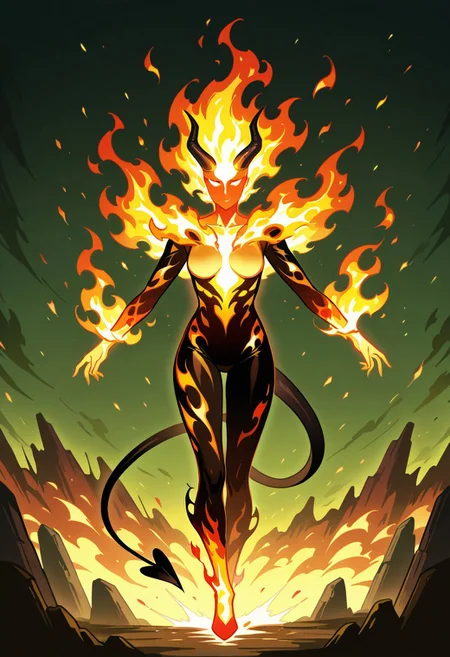 masterpiece, high res, fantasy aesthetic,
BREAK,
1woman, ((fire elemental)), (flame body), flames, fire, fire spirit, brimstone, demonic, silhouette, long demon horns, long demon tail
Castlevania style, castl3van1a5tyl3