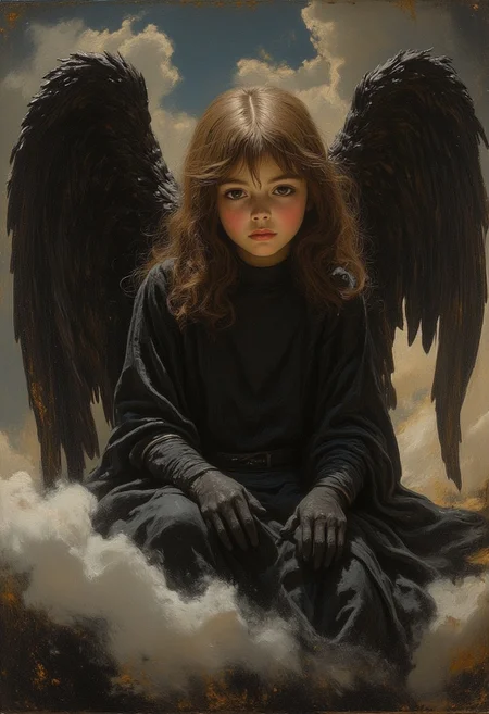 ((dark Renaissance by Bartolome Murillo)) ((teen angel girl with dark wings)), solo, ((sitting on the cloud)), tragic scene, nimb, dark clouds, black sad eyes, half-turned gaze to the viewer, bowed head, dark tunic, curly brown hair, ((Bartolome Murillo style)), dark Renaissance, gradient of aged yellowed canvas, ((best quality, masterpiece)), (more rights high detail), Impressionism:1.1 , 8k