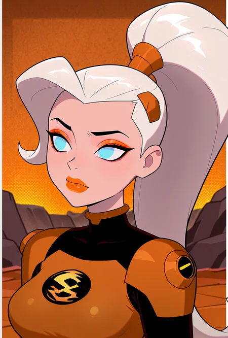 <lora:drewsat-10:1> drewsat, 1girl, long hair, white hair, ponytail, blue eyes, makeup, lipstick, orange bodysuit, eyeshadow, armor, smilem orange background, ((cartoon, screencap, )), masterpiece, best quality, amazing quality, very aesthetic, absurdres, newest,, upper body, halftone effect, white borders, abstract background:1.2,