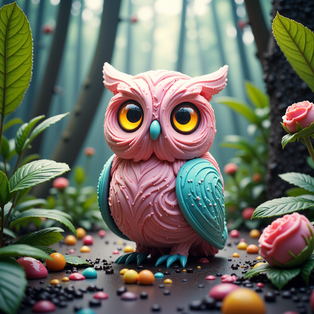 a professional (film grain:1.2) photography of a made entirely out of ice cream GelatoStyle beautiful small cyberpunk robot-owl in the deep jungle, with neon color eyes, cinematic view, 8k, ultra realistic, vibrant colors, photo realism, trending artstation, octane render, volumetric lighting, high contrast, intricate, highly detailed, digital painting<lora:GelatoStyleFlux:1>