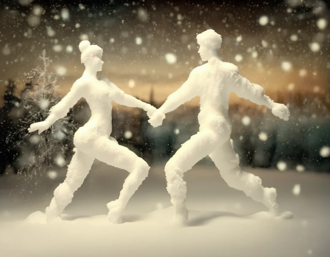 <lora:Aether_Snow_v1_SDXL_LoRA:1.0> photo of a dancing man and woman made of snow, cinematic nightly, christmas