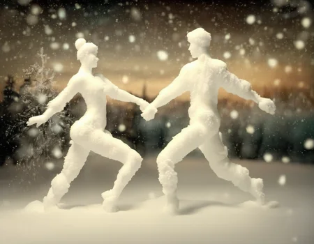 <lora:Aether_Snow_v1_SDXL_LoRA:1.0> photo of a dancing man and woman made of snow, cinematic nightly, christmas