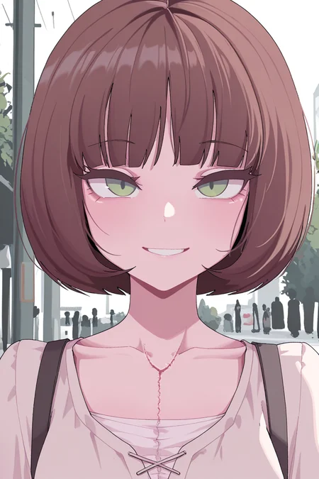 masterpiece, best quality, amazing quality,
 <lora:Alternate_ILV3:1> jj, 1girl, smile, pretty, portrait, bob cut, casual clothes, portrait, green eyes, outdoor, brown hair, seam,