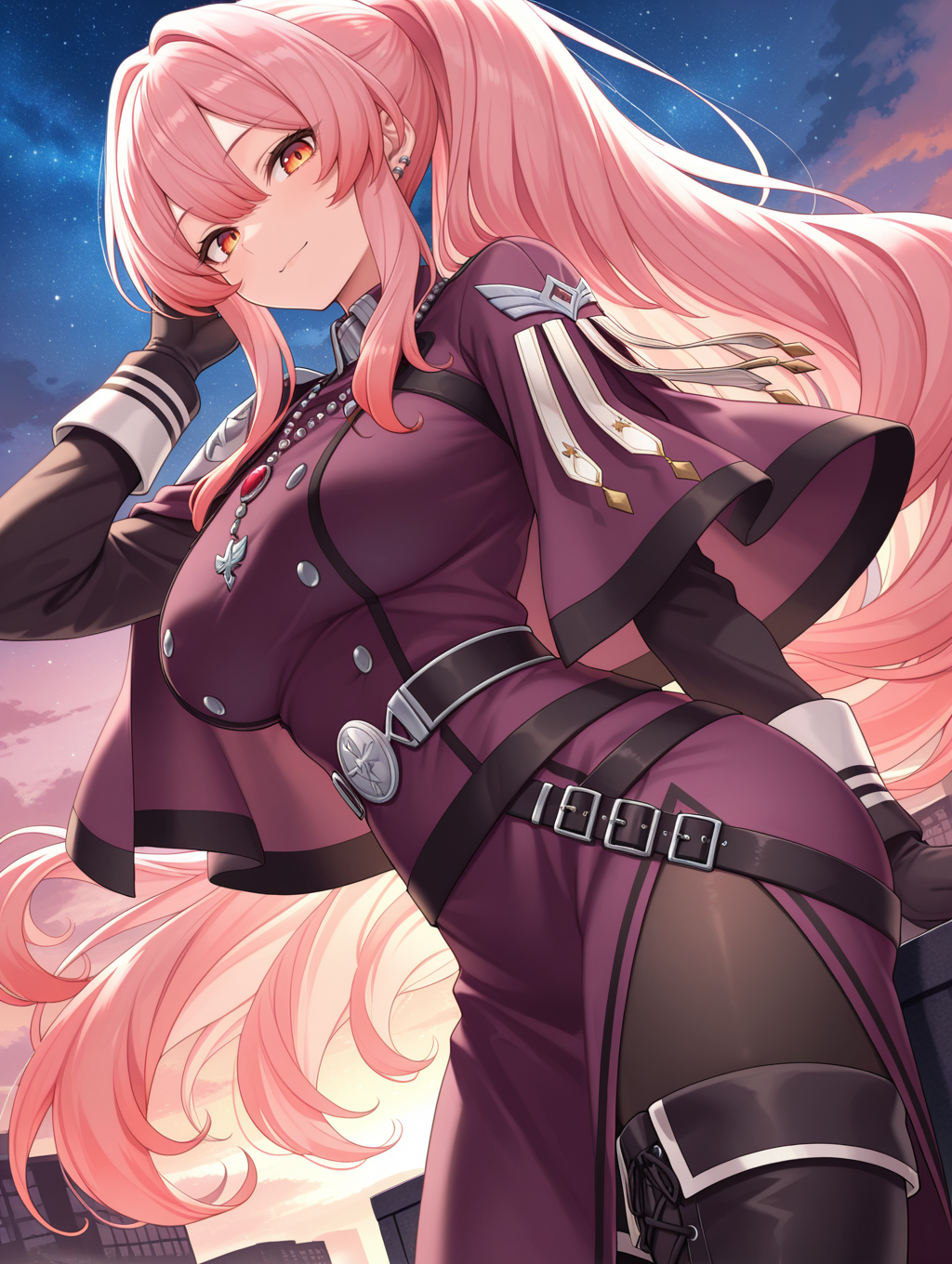 exosister martha, 1girl, solo, looking at viewer, ((sky)), smile, outdoors, closed mouth, cloud, standing, silver ear piercing, sidelocks, cowboy shot, starry sky, large breasts, purple military dress uniform, purple capelet, black gloves, silver necklace, hand up, adjusting hair, from below, black pantyhose, black cross-laced thigh boots, from side,
masterpiece,best quality,amazing quality,very aesthetic,absurdres,newest,<lora:Exosister Martha illusXL v1:0.7>,