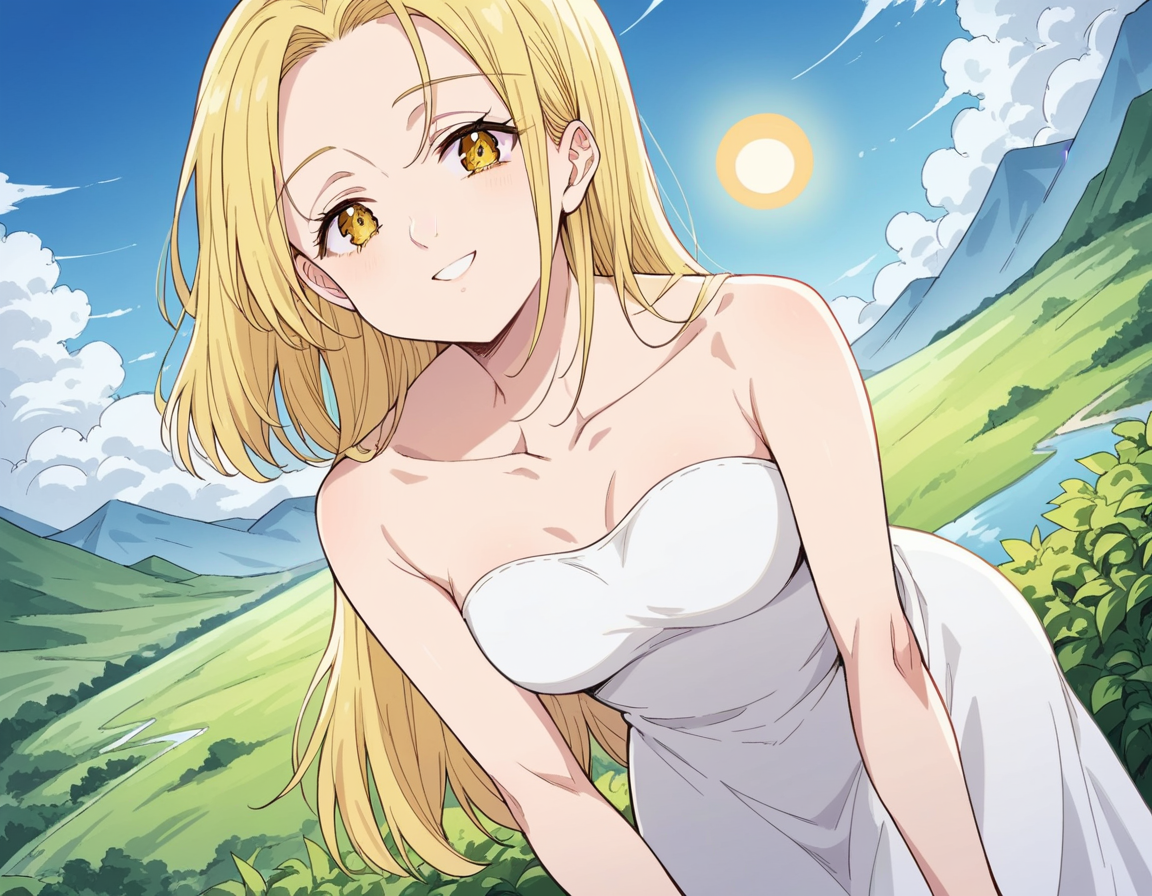 score_9, score_8_up, score_7_up, source_anime, <lora:nanatsu-elaine-s2s3-ponyxl-lora-nochekaiser:1>, elaine, long hair, blonde hair, yellow eyes,, dress, white dress, collarbone, bare shoulders, sun dress,, landscape, bent over, smile, looking at viewer, solo,, cowboy shot, dutch angle