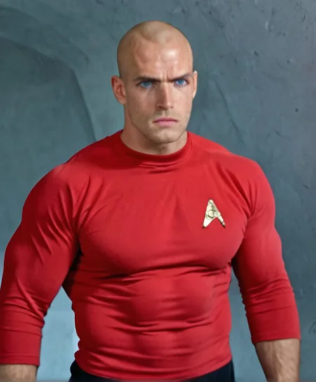 1boy, 20 year old male, Handsome, masculine, blonde, star trek, red shirt, muscle, tall, tight shirt, wide pectorals, big shoulders, wide shoulders, muscular neck, German, bald, big pale blue eyes, abs, biceps, scowling facial expression, phaser, hand,
stunf, star trek uniform,