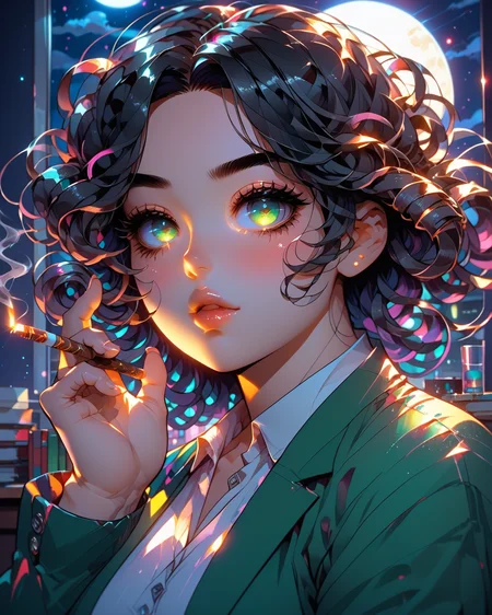 PonyScores7, source_anime, ah1, BREAK 1girl, (curly hair), long hair, (black hair:1.3), mature female, (parted hair:1.7), (round face:1.2), (fringe:-0.5), (bangs:-0.5), (hair between eyes:-0.5), (thick eyebrows), (curvy), round-chin, (greenish hazel eyes), caucasian, (downturned eyes:1.4), (plump face), <lora:ETO_OCPonyXL:0.5> eto_oc, skindentation, (plump), thick thighs, wide hips, busty, voluptuous, kinky curls, lips, <lora:venus body PonyXL:0.4>, (Sleepy, Drooping eyelids, half-closed eyes, and a slightly dazed expression), (holding a cigarette, perfect fingers, perfect hands), (in office , at night), looking at viewer, (Baker-Miller pink Go to a pet adoption event in a comfortable outfit and sneakers), BREAK <lora:xl_more_art-full_v1:0.2>, <lora:shinyskin2:0.2> glistening skin, <lora:aesthetic_anime_v1s:0.2>, <lora:Expressive_H:0.2> Expressiveh, <lora:hairdetailpxl:0.2> hairdetailpxl, <lora:EpicF4nta5yXL:0.2>, <lora:detailxl:0.2> detailxl, <lora:Fant5yP0ny:0.2>, best quality, amazing quality, best aesthetic, absurdres, <lora:expressive eyes:0.2> expressive eyes, <lora:eyedetailpxl:0.2> eyedetailpxl, illustration, Volumetric_Lighting, ultra-detailed, very aesthetic, intricate details, 8k, masterpiece, best_quality, BREAK (Eye-level angle (from the side) view Close shot (focus on feet)), BREAK <lora:Eyes_High_Definition:0.3> EyesHD, Stable_Yogis_PDXL_Positives, AS-Adult, <lora:Complicated fantasy portrait - XL Pony V2.0:0.4>, bad-hands-5,