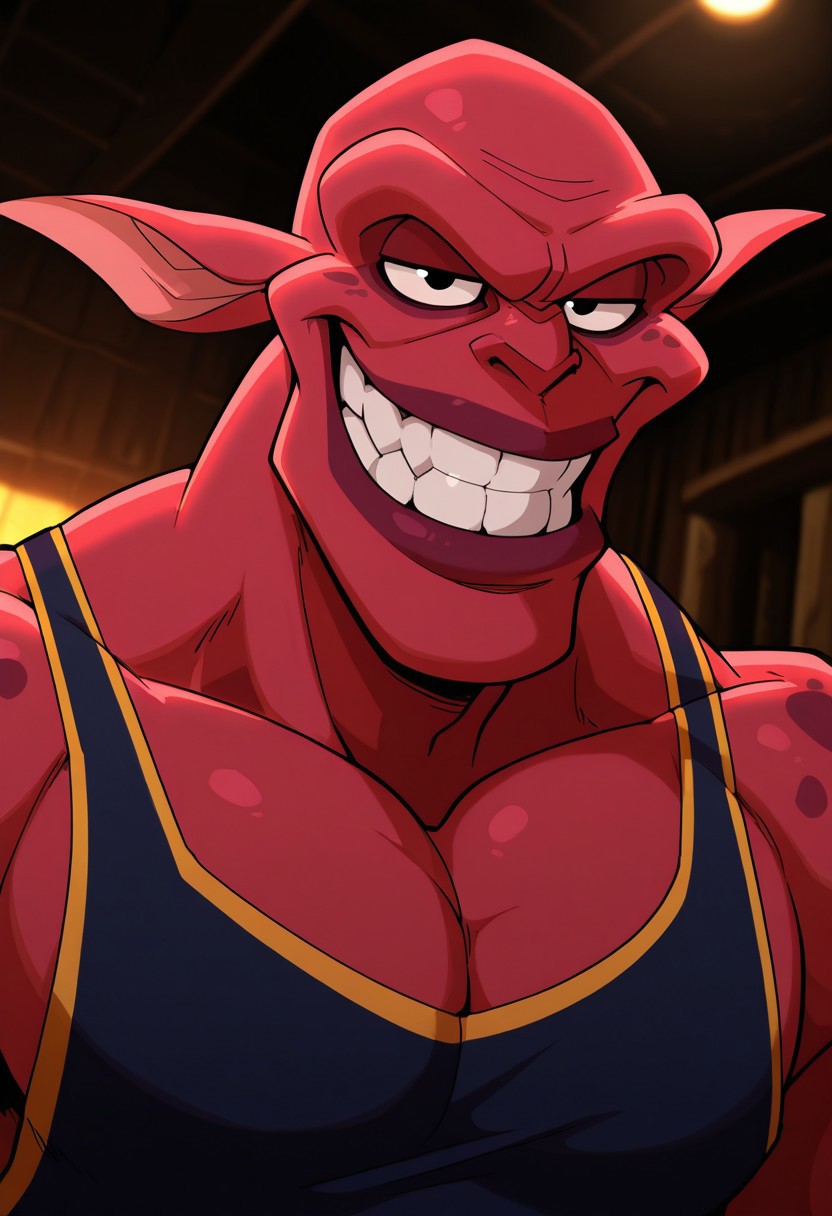 NawtSJ, solo, red skin, perfect eyes, grin, black eyes, muscular, toned male, manly, pectorals, dynamic angle, face focus, portrait, tank top, unparalleled masterpiece, best quality, amazing quality, highres, depth of field, extremely-detailed, detailed background, detailed skin, detailed muscles, cinematic lighting, side angle